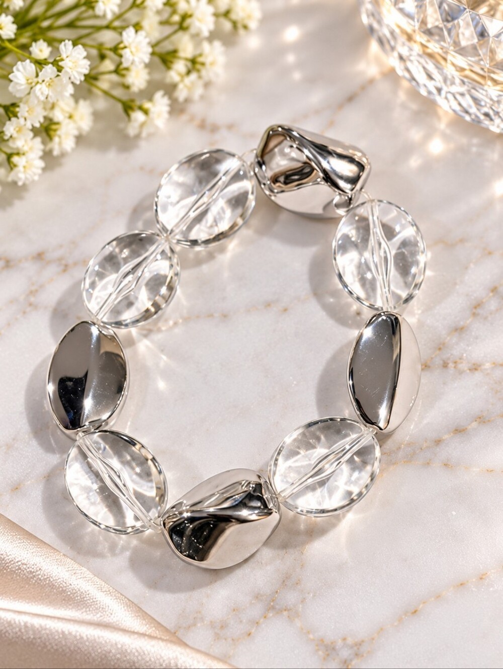 Clear Crystal & Silver Statement Bead Stretch Bracelet – Modern Chunky Jewelry